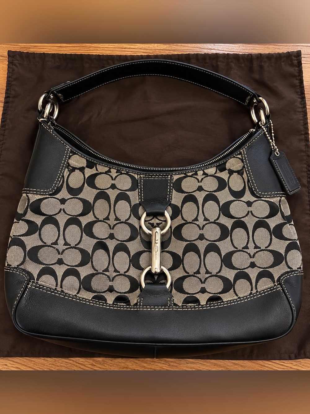Coach Black and Khaki Signature Canvas Shoulder Bag